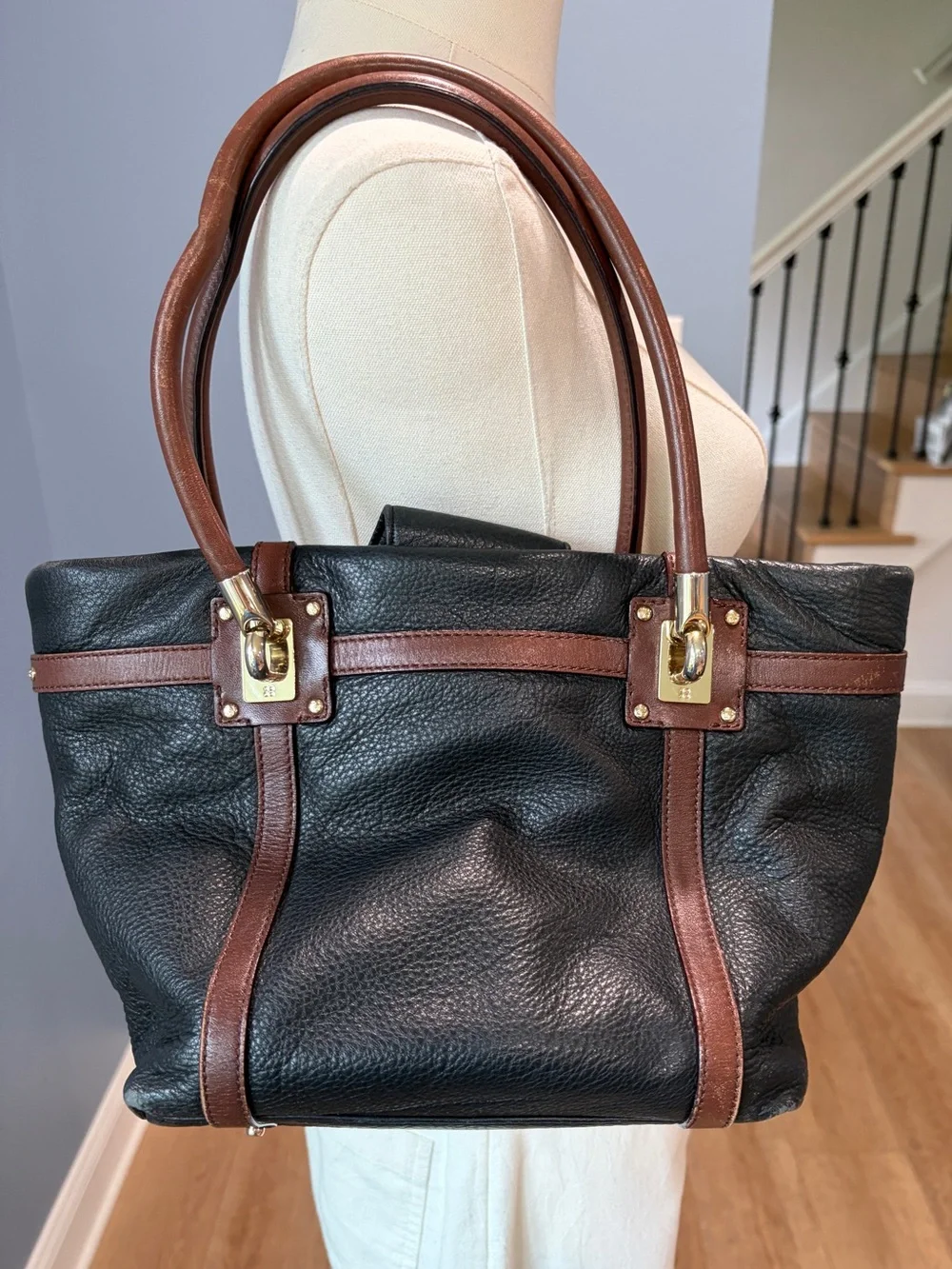 Kate Spade New York Black Pebbled Leather Tote Brown Trim Gold Hardware